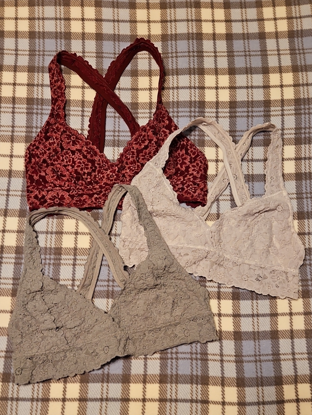 aerie Lace Bralette Trio - Burgundy, Dark Gray, Light Gray